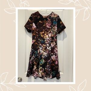 Floral Short Sleeve Fit-and-Flare Dress in Black and Multicolor